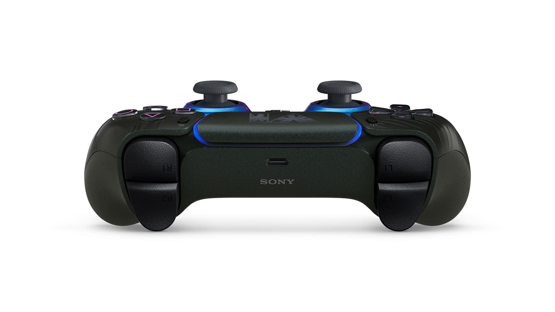 L’arrière de la manette noire GTA VI : gâchettes, port USB-C et logo Sony