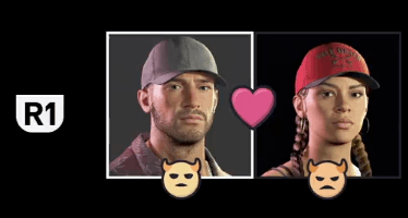 Les portraits de Jason et Lucia reliés par un cœur rose, avec sous Jason un diable souriant et sous Lucia un diable contrarié