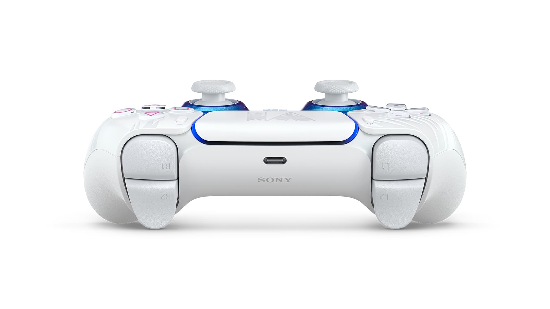 L’arrière de la manette blanche GTA VI : gâchettes, port USB-C et logo Sony