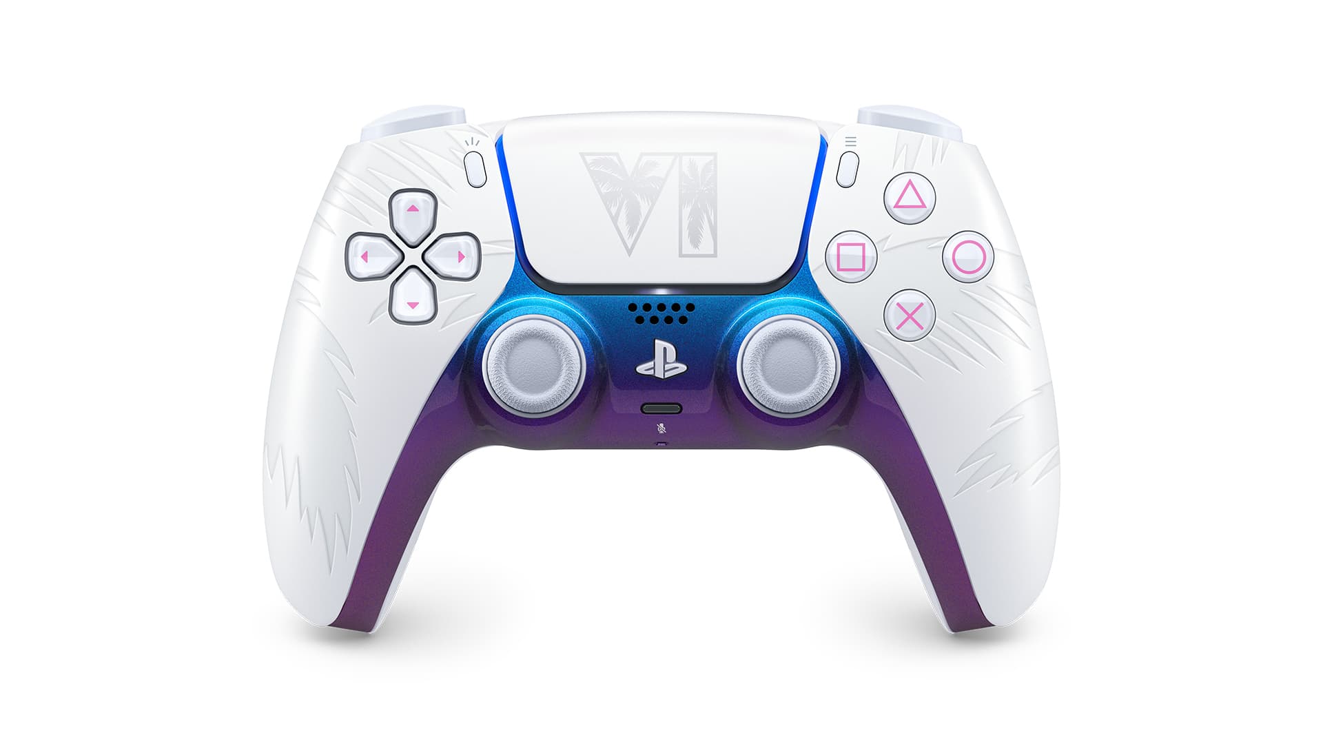 La manette blanche GTA VI vue de face : finition bleu-violet au centre, VI blanc sur le pavé tactile, symboles roses et violets