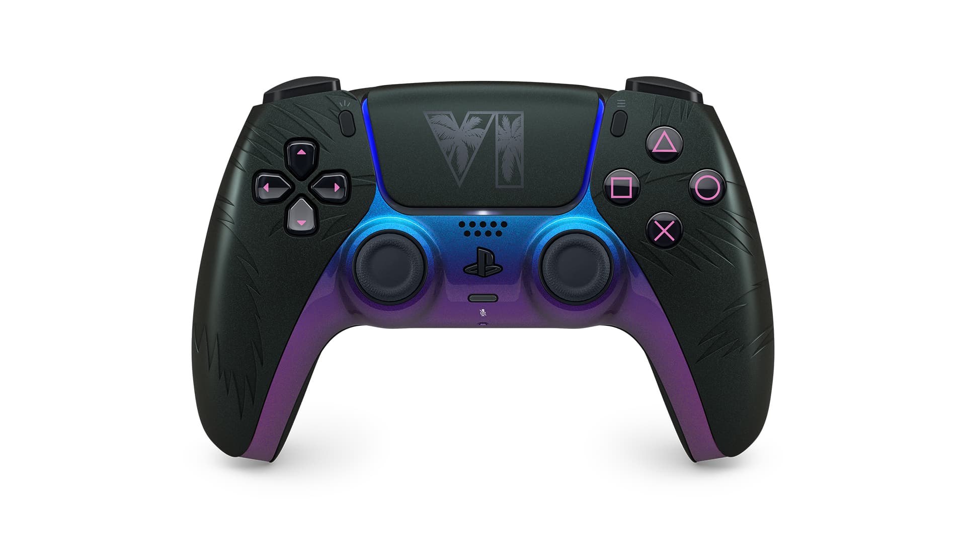 La manette noire GTA VI vue de face : finition bleu-violet au centre, VI ton sur ton sur le pavé tactile, palmiers sur les poignées