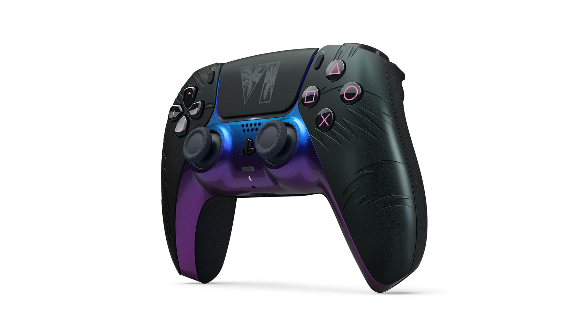 La manette noire GTA VI vue de trois quarts, avec les poignées violettes