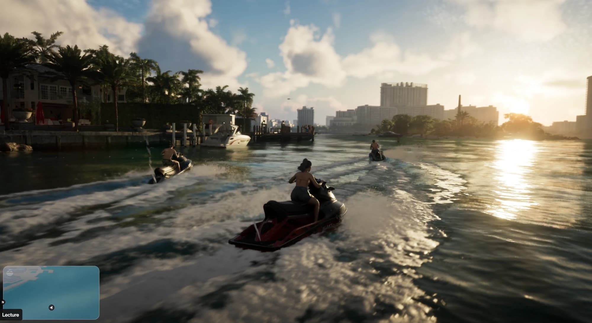 Lucia et d’autres en jet-ski au coucher du soleil, le long des villas de Vice City